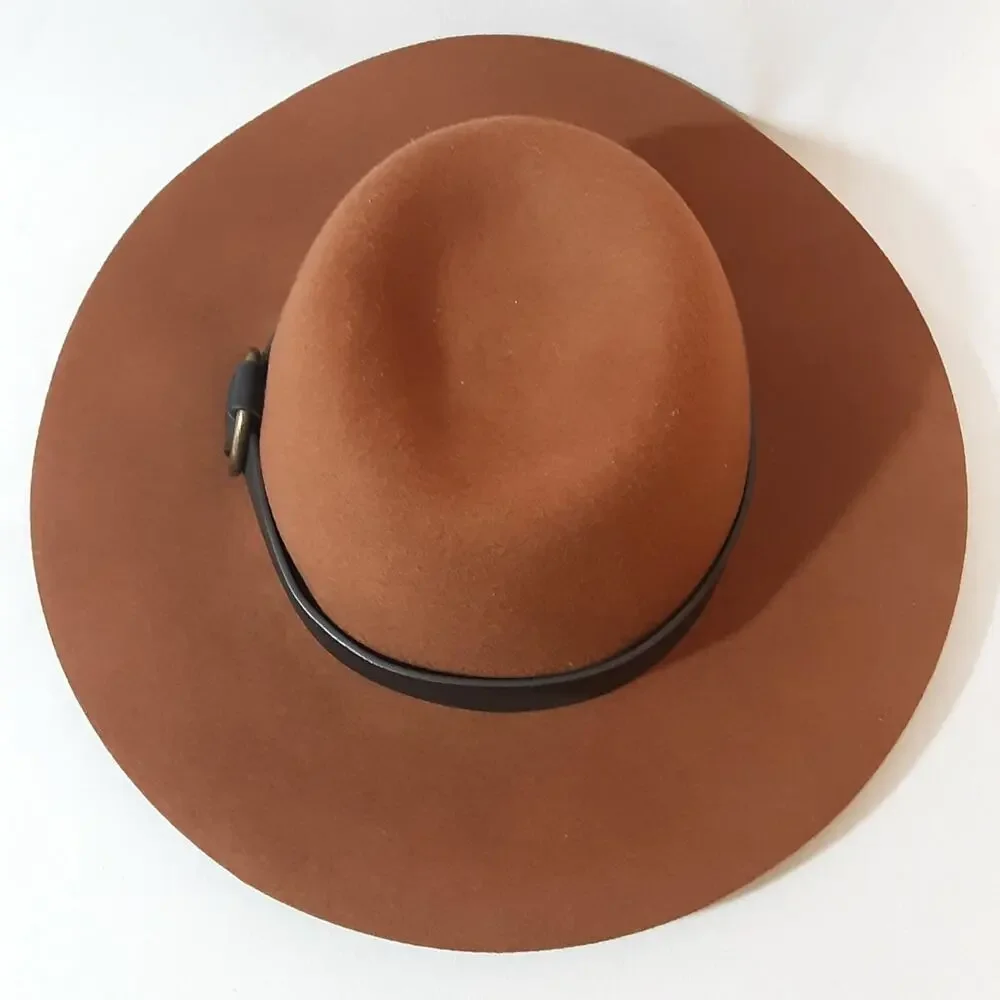 💎Women’s Wide Brim Cinnamon Brown Wool Fedora Hat Faux Leather Band Brass Ring